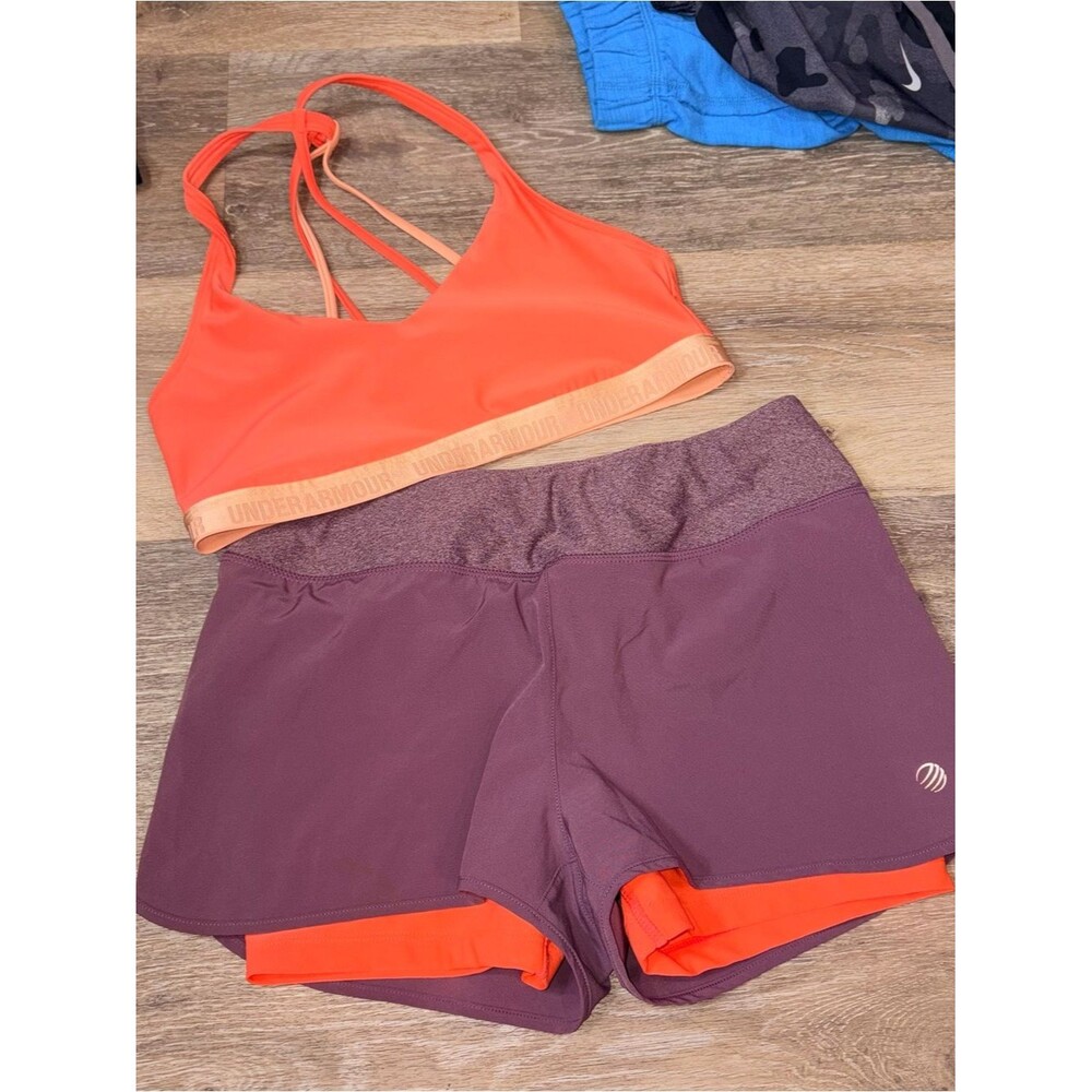 MPG Orange and plum shorts with strappy under armor Sports Bra